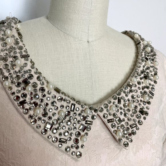 Darling jeweled collar dress tan damask retro style pockets - size large - Picture 3 of 11